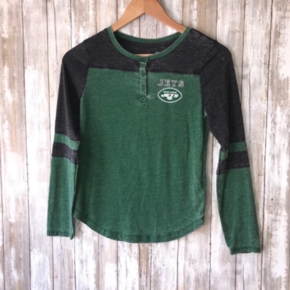 NFL New York Jets Girls Large Long Sleeve Henley Tee Green Youth L
